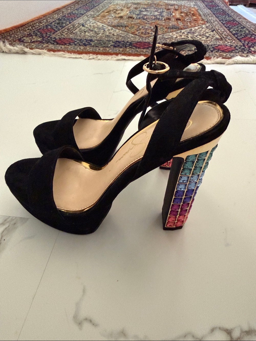 Black Suede Platform heels with Multicolor Gem Block Heel